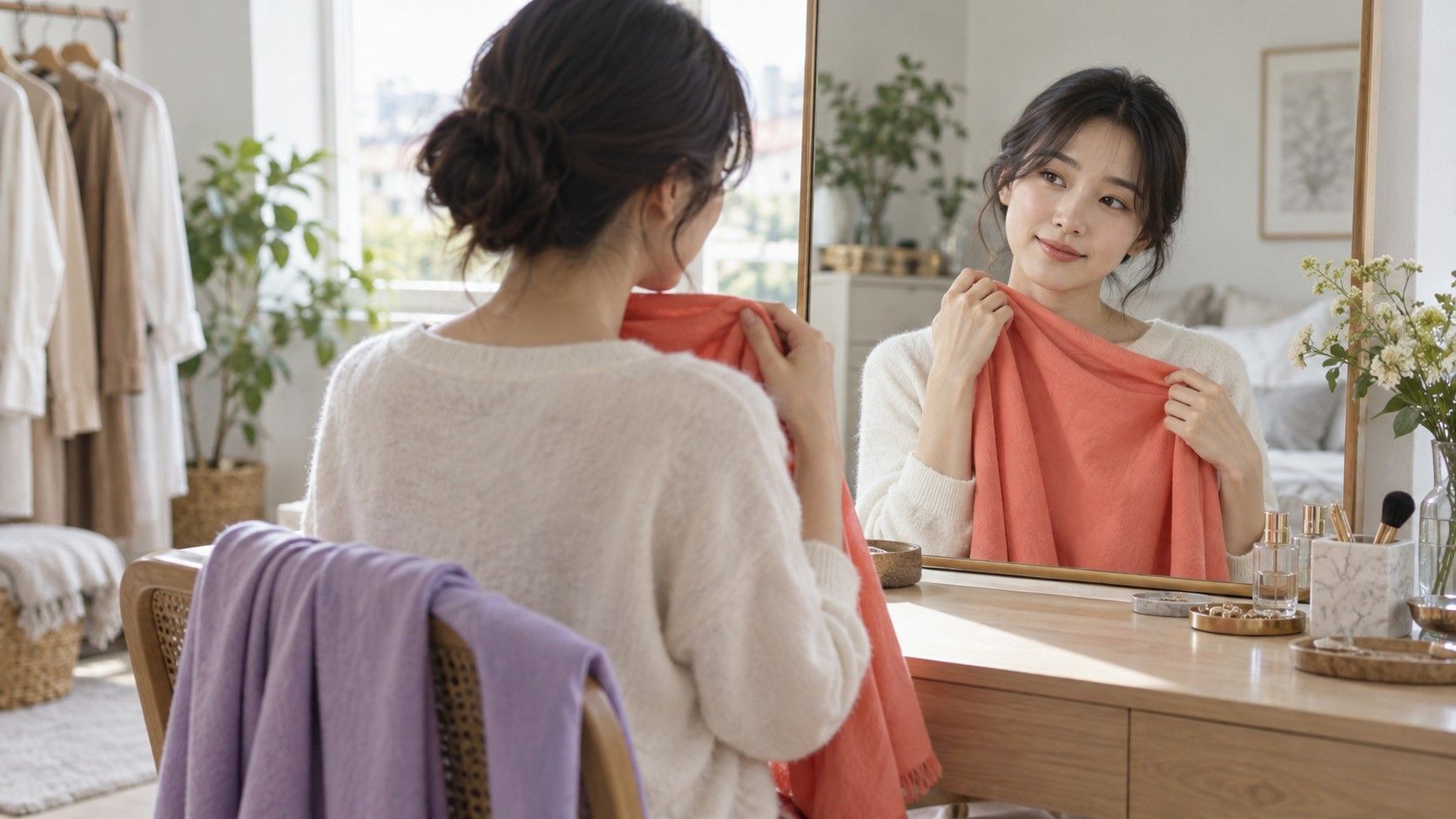 Comparing clothing colors in natural window light