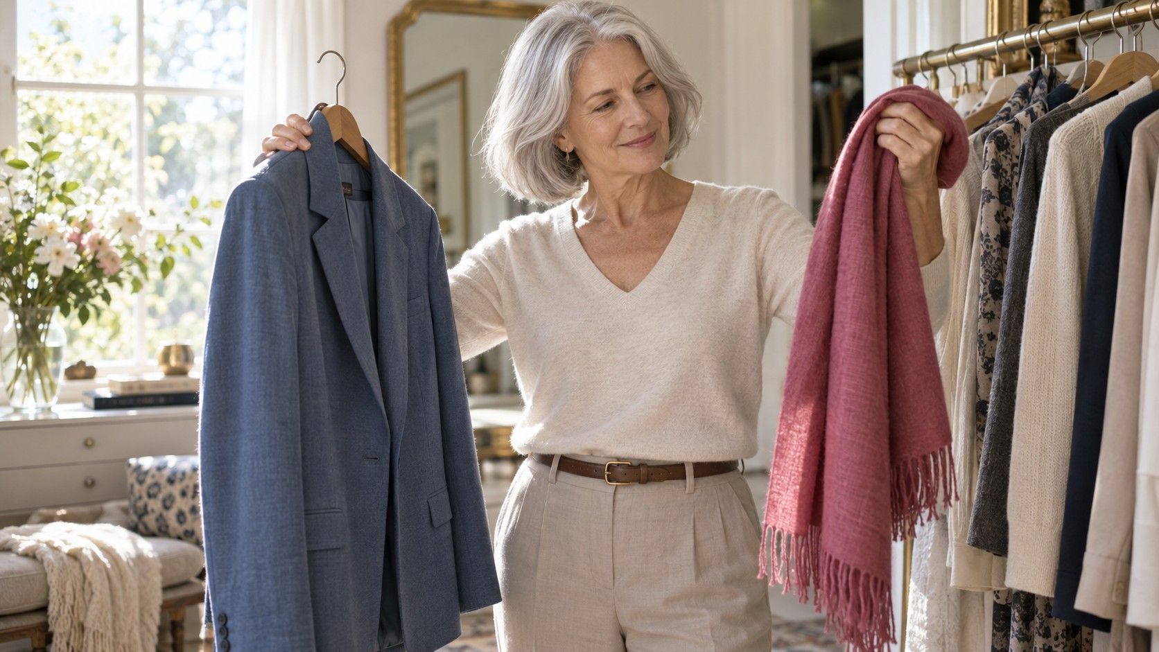 A woman with silver hair choosing a blue layer