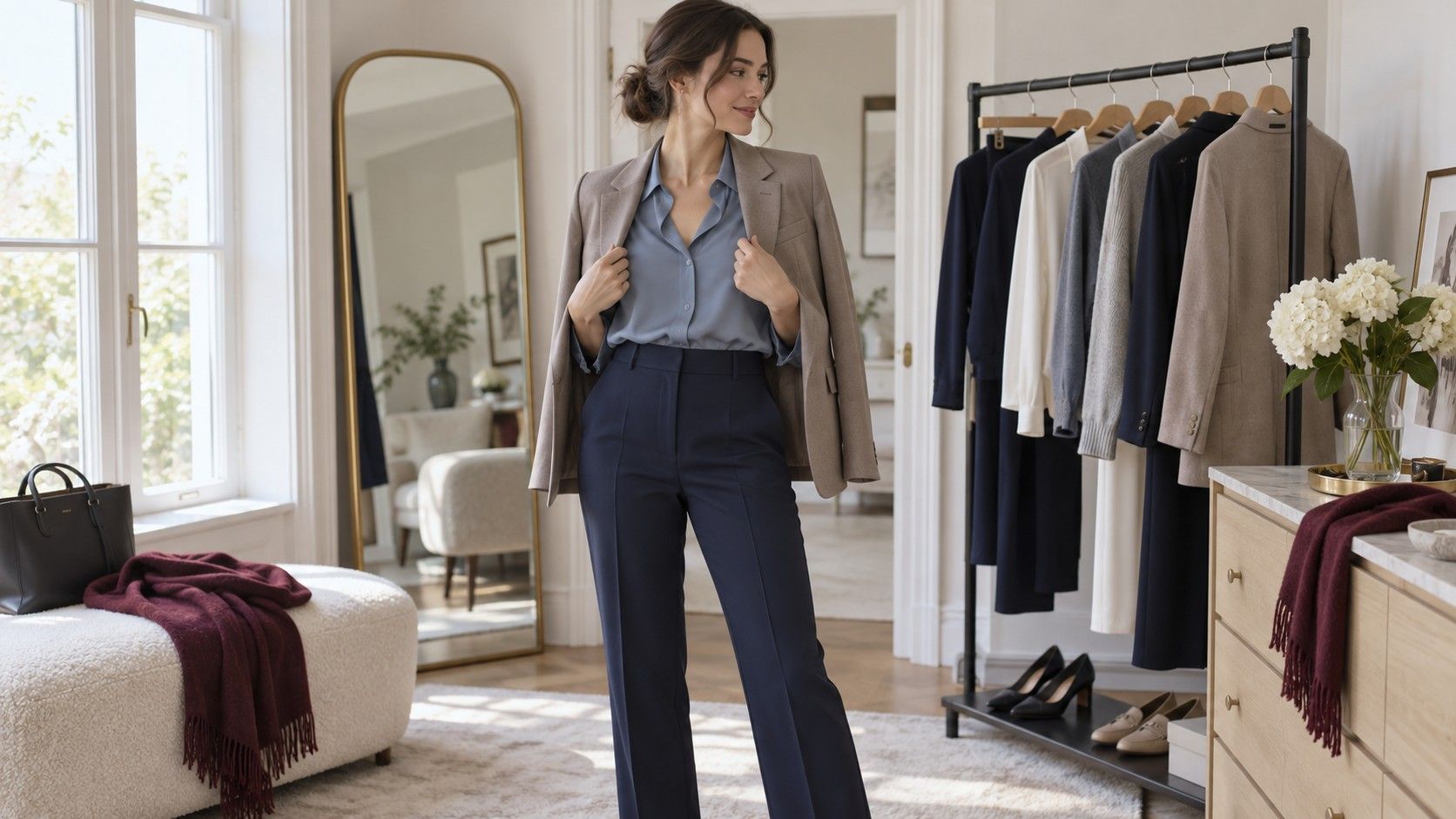 Coordinated navy and gray office clothes with a blue blouse