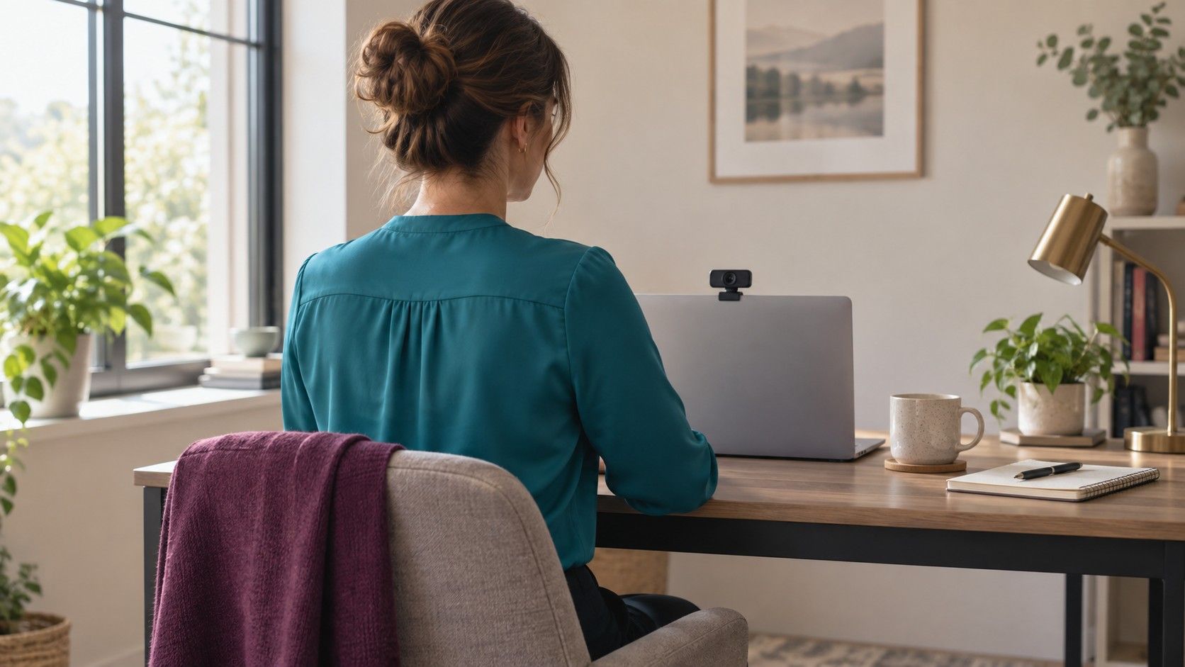 A woman checking her blue blouse before a video call